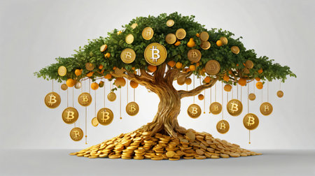 GENERATE AI, A creative infographic style illustration of Bitcoin growth, featuring a growing tree with golden Bitcoin coins as fruits, set against a clean white backgroundの素材