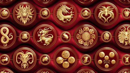 seamless pattern of Chinese zodiac signs in gold .symbolizing of chinese new year celebrationの素材