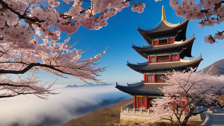 mountain landscape with a Chinese pagoda.symbolic of chinese new year celebrationの素材