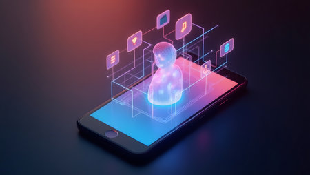 Mobile phone with hologram AI assistant, vibrant color background.の素材