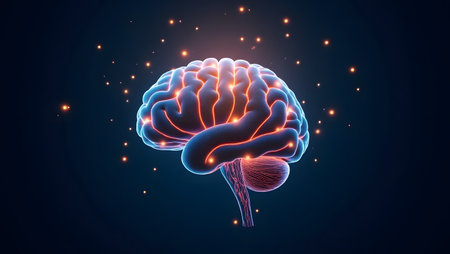 Brain with gears and glowing lights, mental health awareness concept.の素材