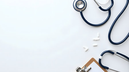 Medical flat lay with stethoscope, pills, clipboard, white table, soft light.の素材