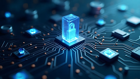 3D abstract data security icons on circuit board.の素材