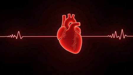 3D heart model with EKG line and pulse monitor, glowing red, black background.の素材