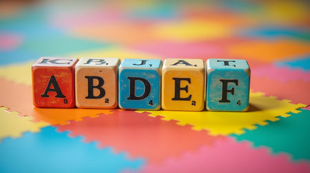 Alphabet wooden blocks on colorful mat, children learning themeの素材