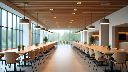 view of modern Office cafeteria area, long dining tables and pendant lights.の素材