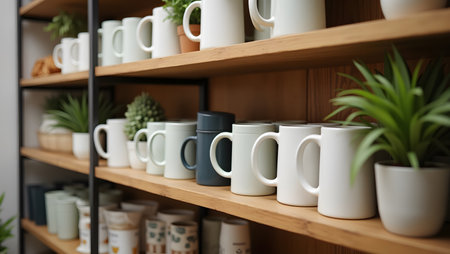 stylish pantry shelf with mugs, organic coffee packs, and mini plants.の素材