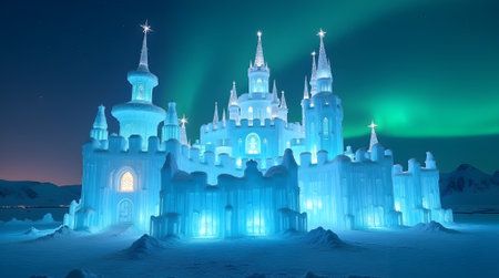 magical ice castle glowing with blue light under the soft glow of the northern lightsの素材