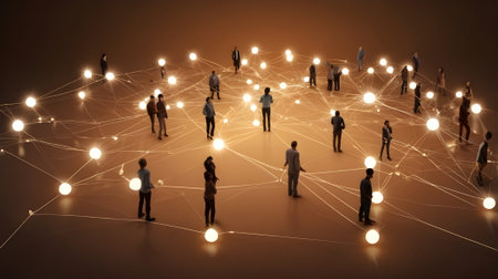 people a network connected to each other with glowing lights on them and soft brown backgroundの素材