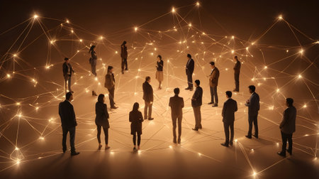 people a network connected to each other with glowing lights on them and soft brown backgroundの素材