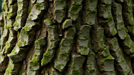 tree bark texture with moss-covered crevices. Selective focus, purpose for background.の素材