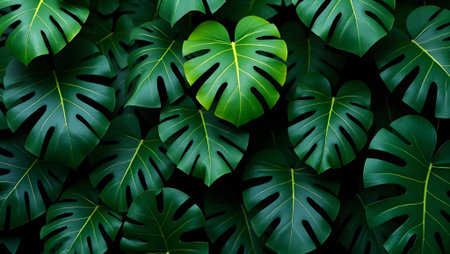Lush tropical leaf patterns with vibrant greens and subtle shadows. purpose for backgroundの素材