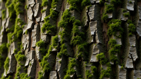 tree bark texture with moss-covered crevices. Selective focus, purpose for background.の素材