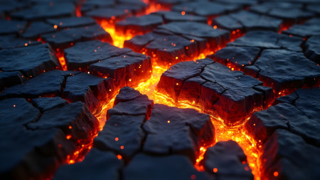 Cracked molten lava surface, glowing between fractured stoneの素材