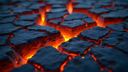 Cracked molten lava surface, glowing between fractured stoneの素材