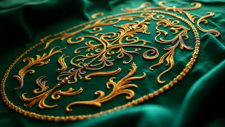 Golden elvish embroidery, stitched onto deep emerald fabric. purpose for backgroundの素材