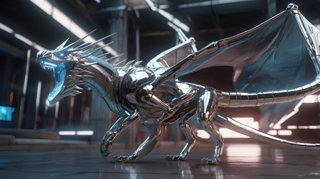 sleek cybernetic dragon with smooth chrome plating and holographic wingsの素材