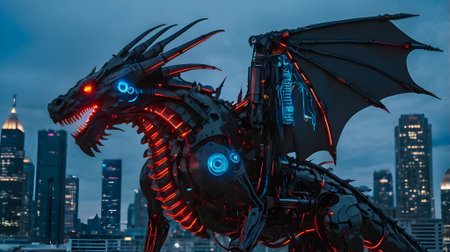 A robotic dragon with a futuristic city backgroundの素材