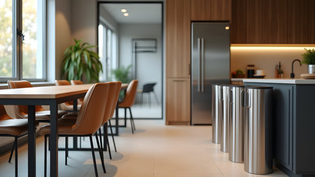 Modern dining corner with smart trash binsの素材