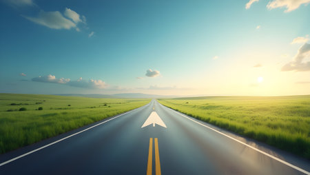 The road in the middle of asphalt road with the arrow. Concept of planning, goal, challenge, new year resolution.の素材