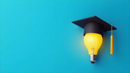 Concept image a bachelor cap and a light bulb on a blue backgroundの素材