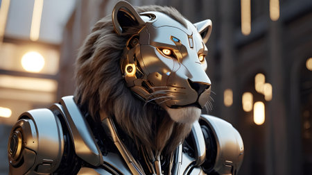 A robotic lion with a sleek metallic design, glowing eyes, and a futuristic settingの素材