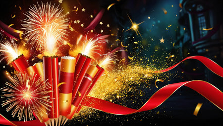 dynamic composition of firecrackers, festive background.symbolic of chinese new year celebrationの素材