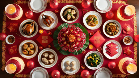 top view of a festive Chinese dining table with traditional food, decorations, and red envelopes.symbolic of chinese new year celebrationの素材