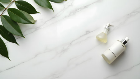 Skin care product flat lay on marble background with leaves and water drops.の素材