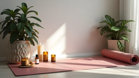 Home yoga corner setup with mat, candles, essential oils, and plants.の素材
