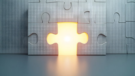 Problem solving puzzle pieces forming a bright light in center.の素材