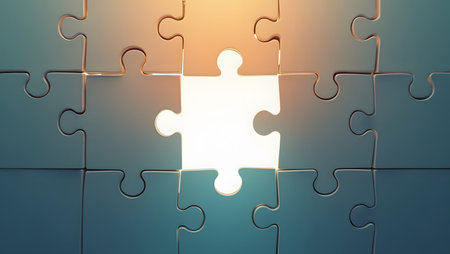 Problem solving puzzle pieces forming a bright light in center.の素材