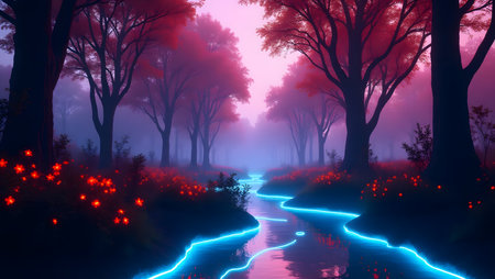 Cybernetic forest with bioluminescent trees and neon rivers under a violet sky, purpose for backgroundの素材