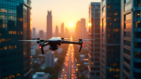 Smart city at golden hour with fleets of solar-powered drones casting long soft shadows, selective focusの素材