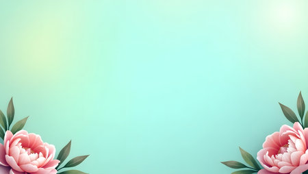 gradient background blending aqua blue into soft mint green with flowers the border,  purpose for background.の素材