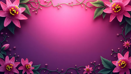 gradient background blending deep purple into rose pink with flowers the border, purpose for background.の素材