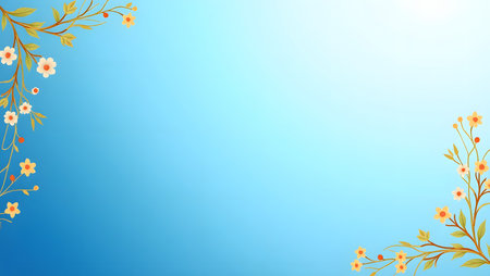 gradient background blending royal blue into pale white with flowers the border, purpose for background.の素材