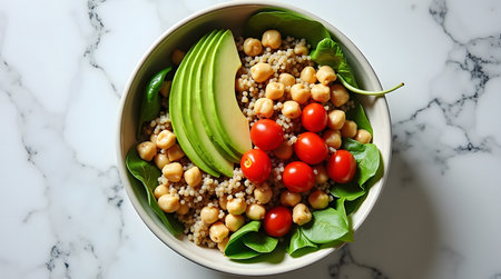 healthy food, top view Fresh quinoa salad bowl with slide avocado, chickpeas, cherry tomatoes and spinach.の素材
