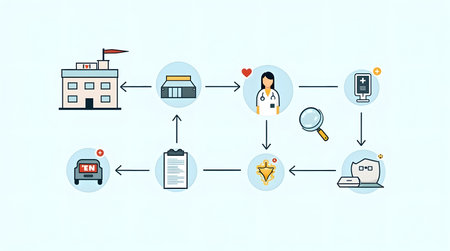 Healthcare journey infographic showing medical professionals, hospital, ambulance and patient care processの素材