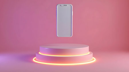 Modern smartphone display on glowing pink platform for sleek product presentation,photo conceptの素材