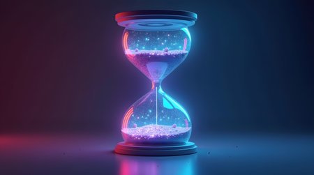 Futuristic hourglass with glowing particles symbolizes time running out and urgency in a dynamic, technology conceptsの素材