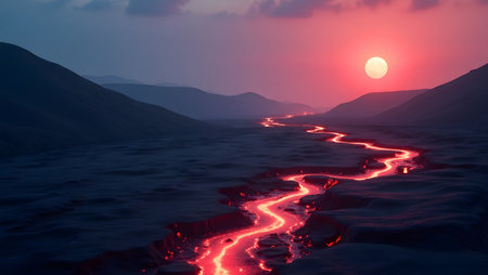 Ethereal glowing river cutting through landscape at sunset, dramatic fiery light illuminating blue water and creating a fantasy scenic vista for adventure conceptsの素材