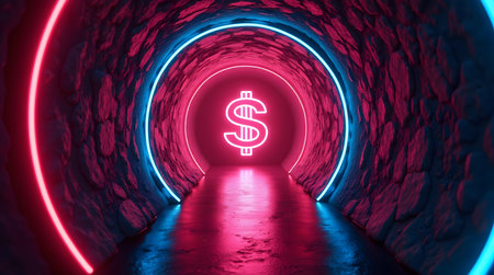 Vibrant neon dollar sign glows within a futuristic tunnel promising wealth, investment, and cryptocurrency success todayの素材