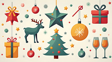 Festive Christmas holiday scene with reindeer tree ornaments gifts and champagne glasses ready for celebrationの素材
