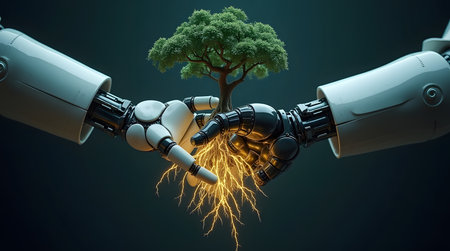 Robot hands nurturing tree with energy roots for a sustainable future embracing technology and nature's harmonyの素材