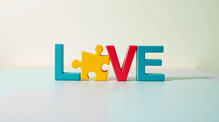 Colorful 'Love' Spelling with Puzzle Piece Symbolizing Connection and Affectionの素材