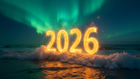 Golden 2026 digits, floating above ocean waves at midnight, theme new yearの素材