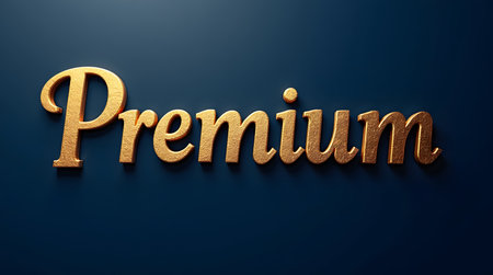 Elegant golden 'Premium' text design on a deep blue background evokes luxury and exclusivity for brandingの素材