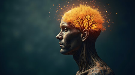 Stunning abstract portrait captures mind's growth with vibrant tree-like neural network and glowing particlesの素材