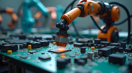Cutting-edge robotic arm precisely soldering microchips for advanced electronics manufacturing in a modern automated factory settingの素材